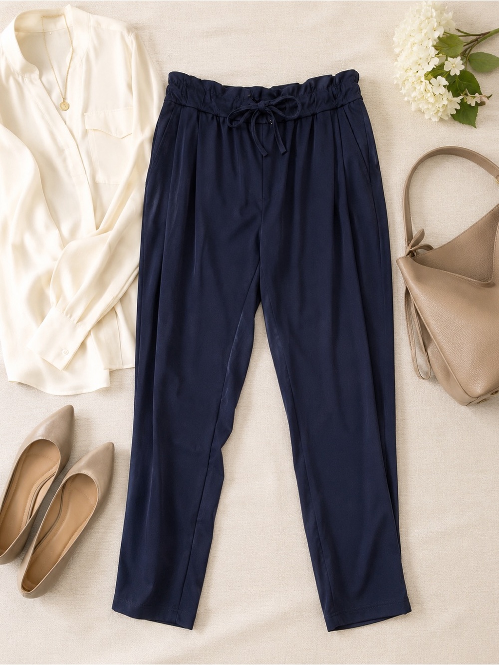 Chico's Navy Paperbag-Waist Straight Leg Trousers